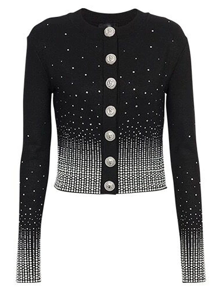

HIGH STREET Newest Fall Winter Designer Jacket Women's Lion Buttons Rhinestone Diamonds Embellished Knit Cardigan