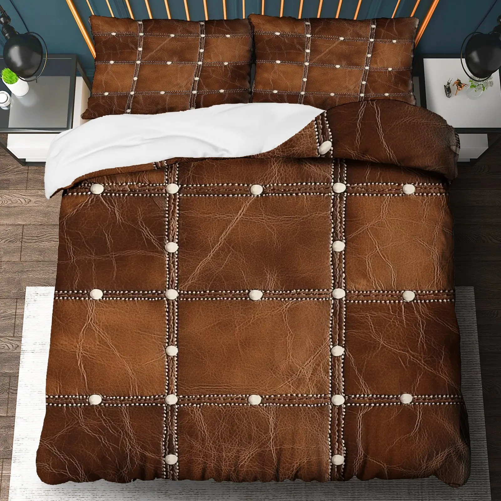 3Pcs Vintage Leather Studded Duvet Cover Set, Brown Textured Rustic Chic Bedding with Pillowcases, Luxury Thanksgiving Decor