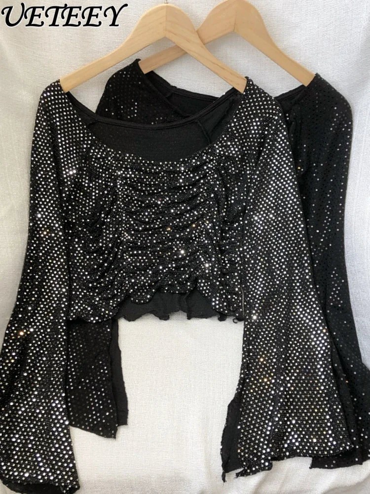 

European American Style Off-Shoulder Pleated Flared Long Sleeves Tops Shiny Rhinestone Sequined Pullover Short Shirt for Women