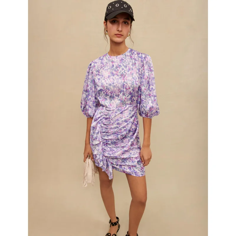 IOO 2023 Spring New Women's French Romantic Floral Ruffle Round Neck