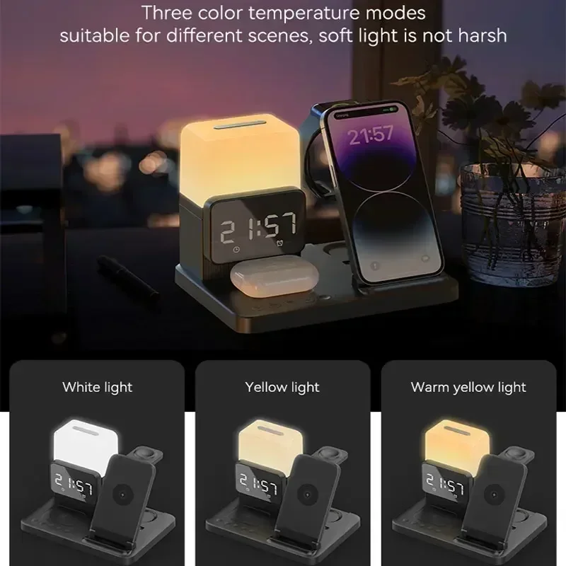 Foldable 6 in 1 Alarm Clock Lamp Wireless Charger Stand  Fast Charging Dock Station for iPhone 15 14 13 12 X Pro Max Airpods Pro