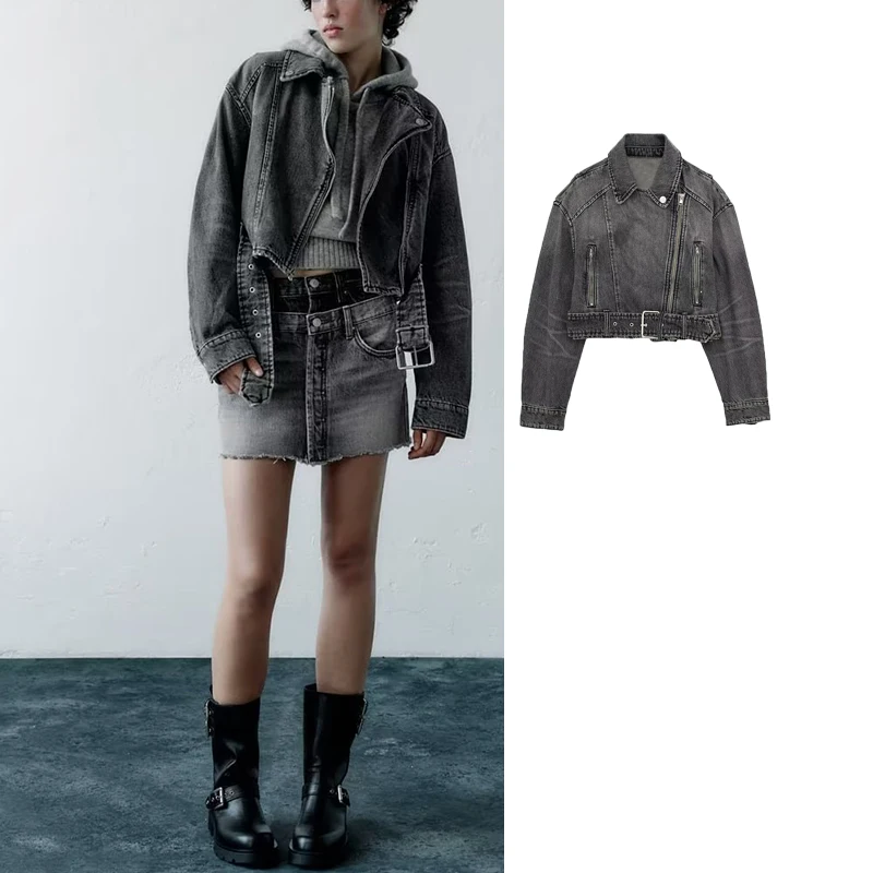 

TRAF Cropped Denim Jacket Women With Belt Jean Jackets for Women 2023 Long Sleeve Bomber Jacket Woman Streetwear Coats
