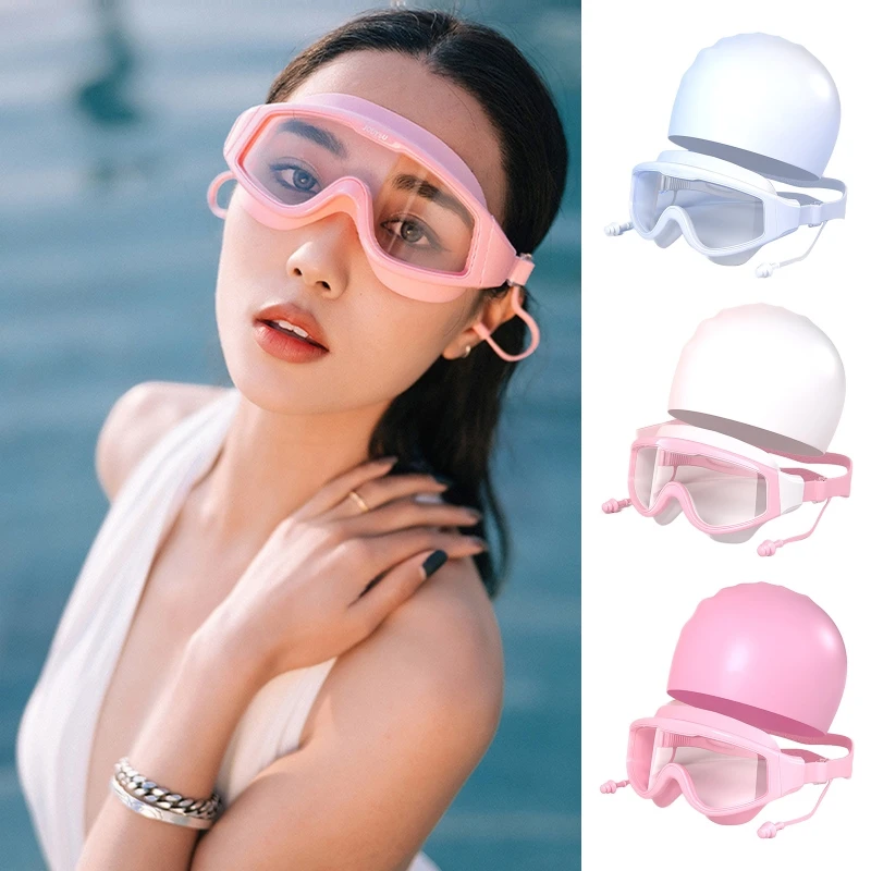 

Children Waterproof Bathing Caps Swim Hat with Swim Glasses for Long Short Hair