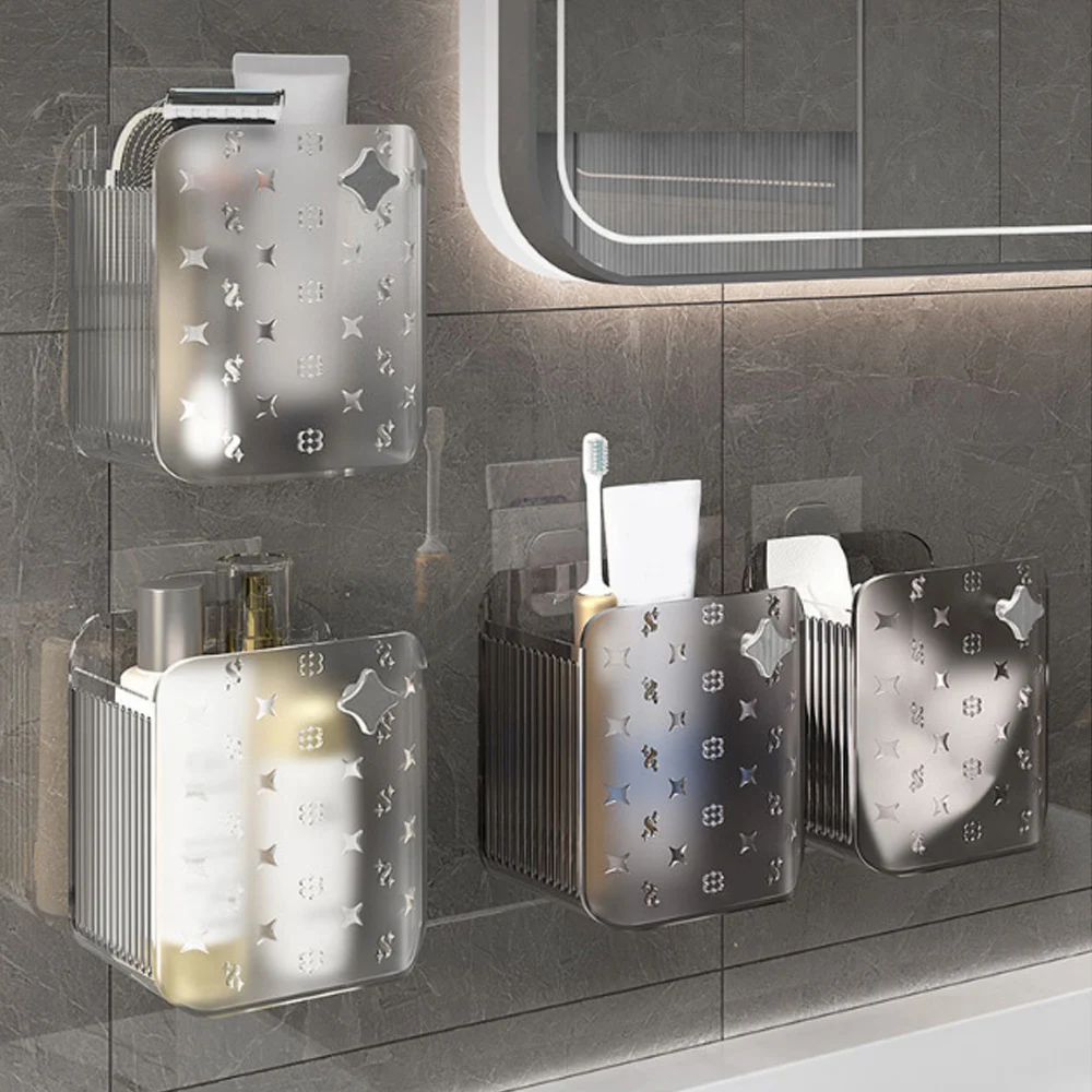 Clear Bathroom Wall Mounted Storage Box Plastic Wall Mount Organizer Storage Box Container Bin Bathroom Phone Holder Basket 5