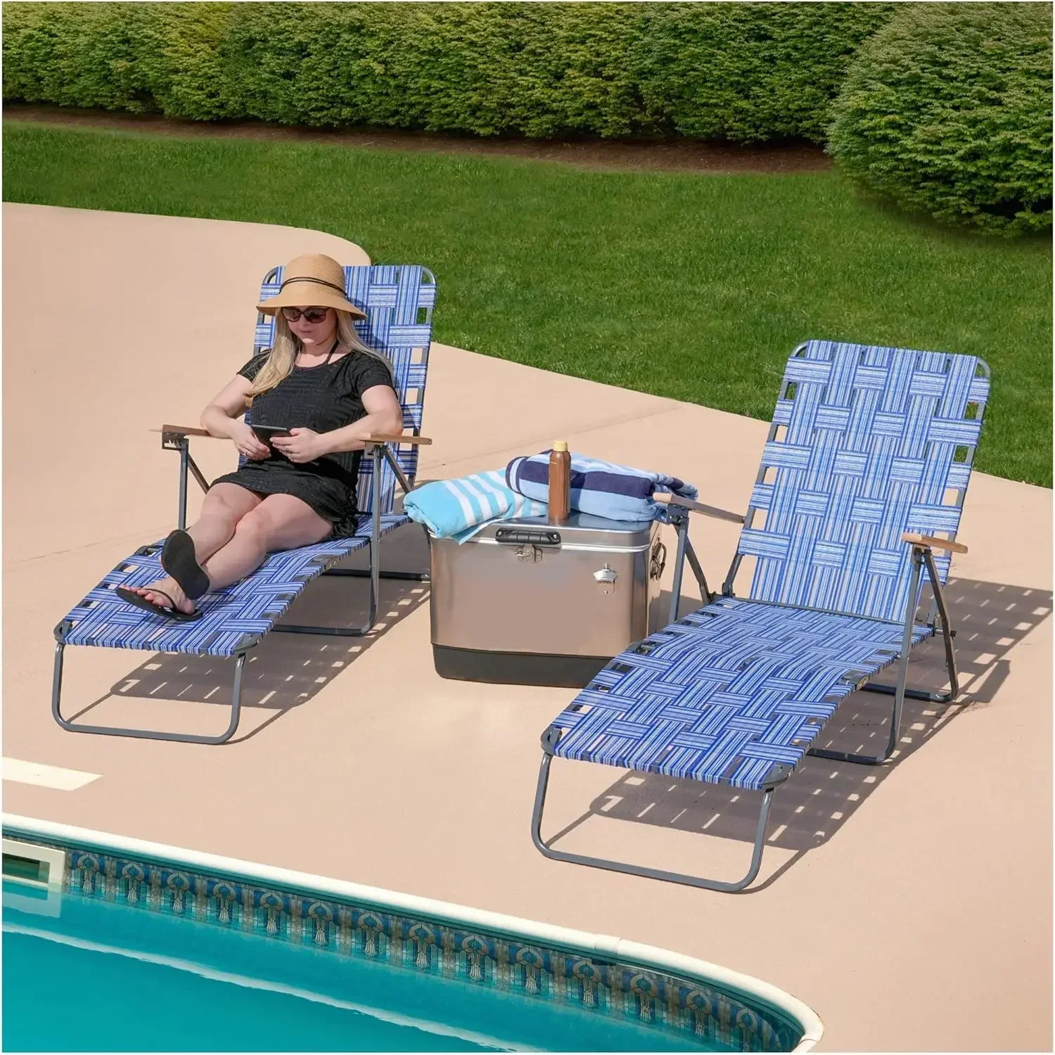 --NewGrey Steel Frame Adjustable Folding Chaise Lounger, Outdoor Patio Chair with Blue Woven Backrest and Arm Rests (Pack of