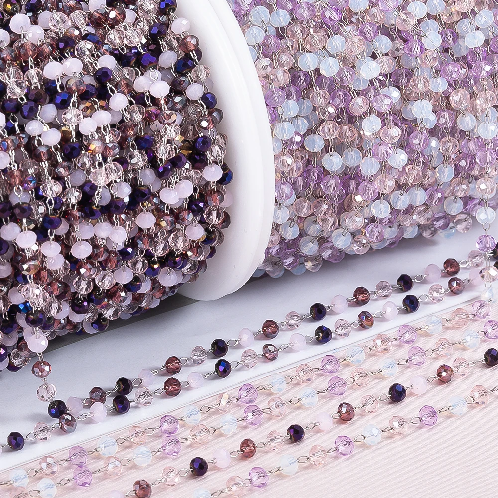Purple Crystal Stone Beads Stainless Steel Chain for DIY Jewelry Making, 1 Meter