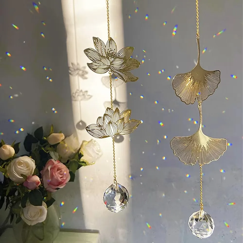 New Crystal Prism Hanging Decoration Sun Catcher Lotus & Ginkgo Leaf Gift Crystal Suncatcher Window Art Wind Chime
