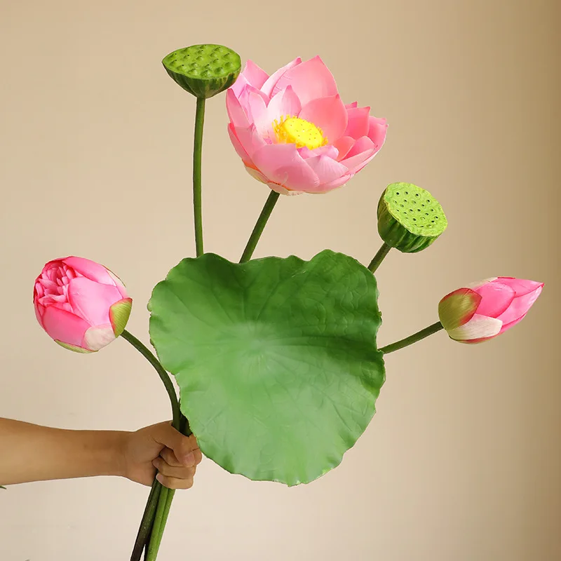 Artificial Lotus Arrangement with Lotus Leaves and Pods - Chinese Zen Home Decor & Landscaping Silk Flowers, 85cm