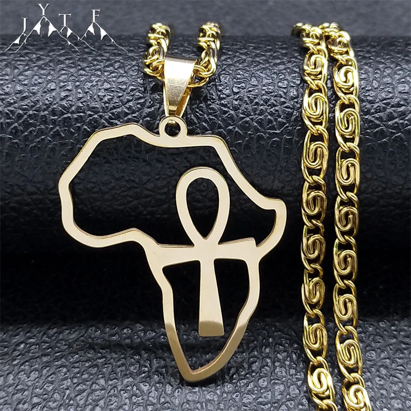 

African Map Border Line Pendant Necklaces Women Men Stainless Steel Gold Color Ankh Cross Key of Life Necklaces Jewelry N8093S05
