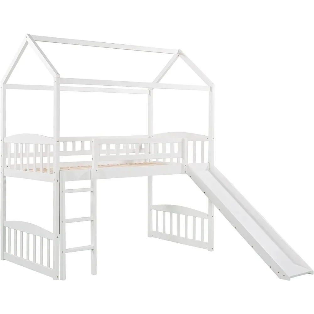 Twin Size Loft Bed with Slide for Kids Bedroom,House Shaped Solid Wood Bedframe w/Full-Length Guardrail Space Saving Design 5