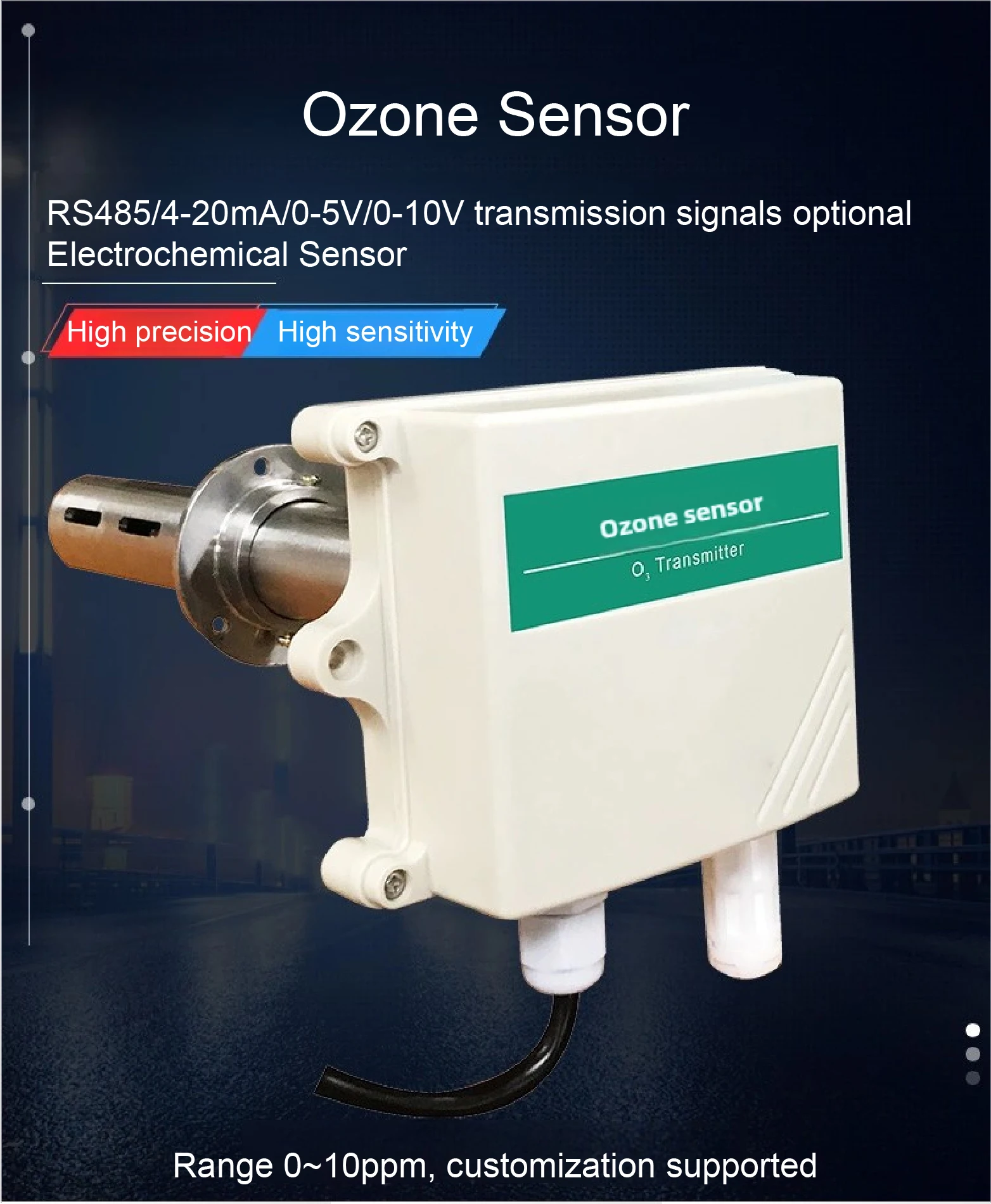 QT-G10QS Duct Type Ozone Sensor Transmitter RS485 4-20mA 0-10V O3 Detector Range