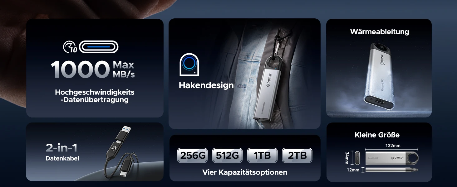 ORICO 1 TB externe SSD, bis zu 150 MB/s, hängendes Lochdesign, tragbare Solid-State-Laufwerkspeicherung, PSSD für Tablets, Laptops, C15 – Detail 2
