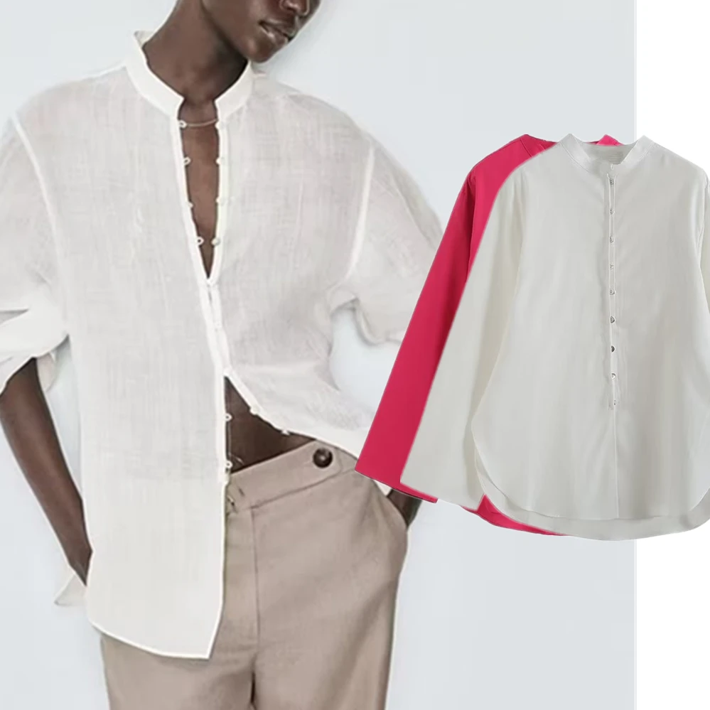 Jenny&Dave Fashion Elegant Ladies Summer Shirt Women Loose Japanese Style Simple Stand Collar Cotton Linen Casual Blouse