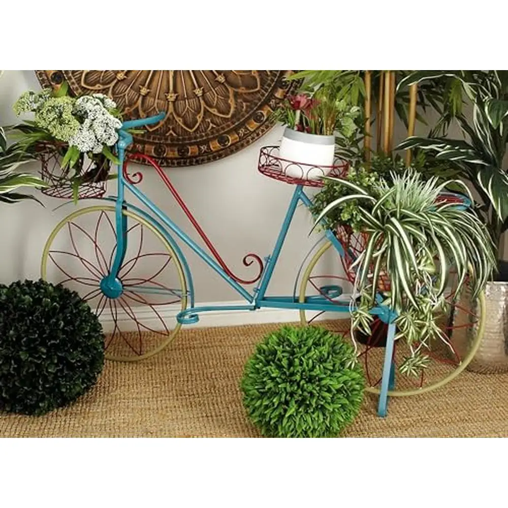 Vintage Metal Plant Stand with Wire Design and Basket Blue & Red Flower Pot Holder with Scrollwork Indoor Outdoor Plant Shelf