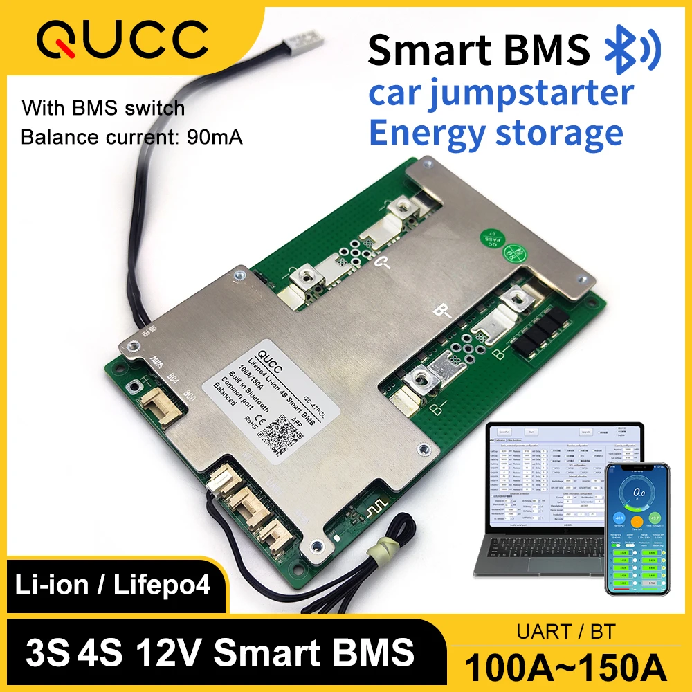 

12V Smart BMS 4S 60A 100A 120A 150A 200A 12.8V 14.4V Balanced Low Temp Heating In Series Built in BT Lifepo4 Intelligent Bms