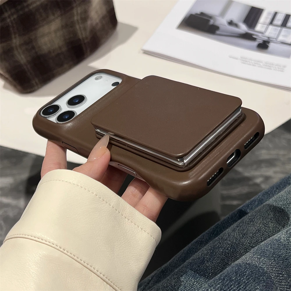 Brown Leather Folding Bracket Makeup Mirror Phone Case - Elegant Gift