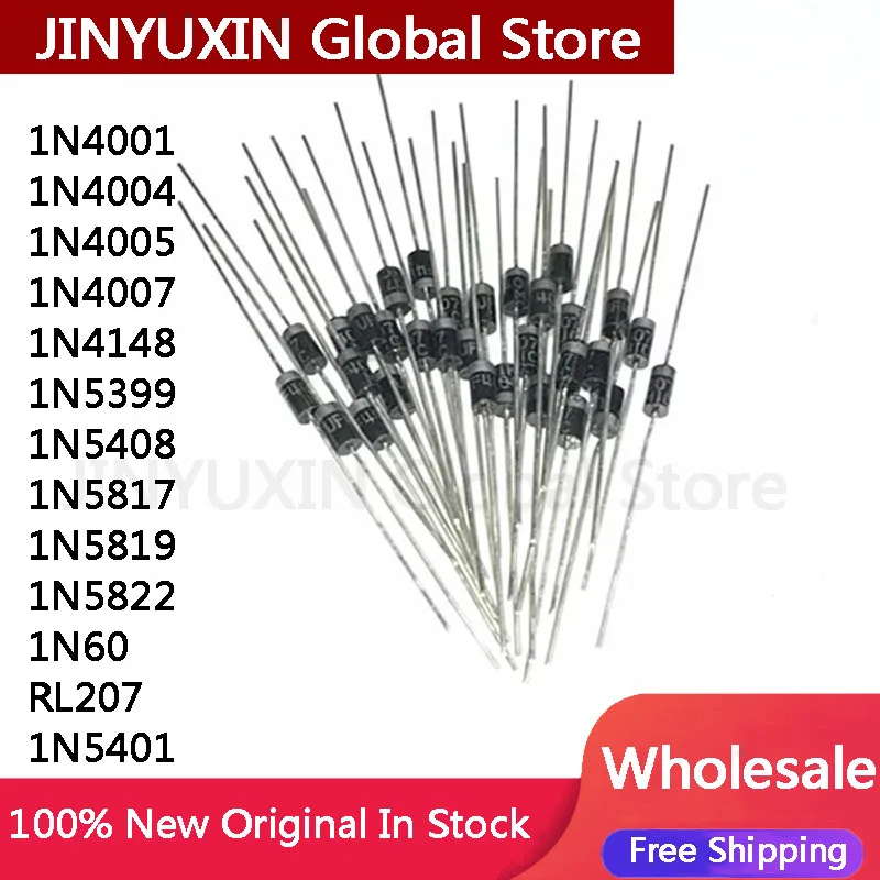 Новые и оригинальные 1N4001/1N4002/1N4003/1N4004/1N4005/1N4007/1N4148/1N5399/1N5408/1N5817/1N5819/1N5822/1N60/RL207/1N5401,