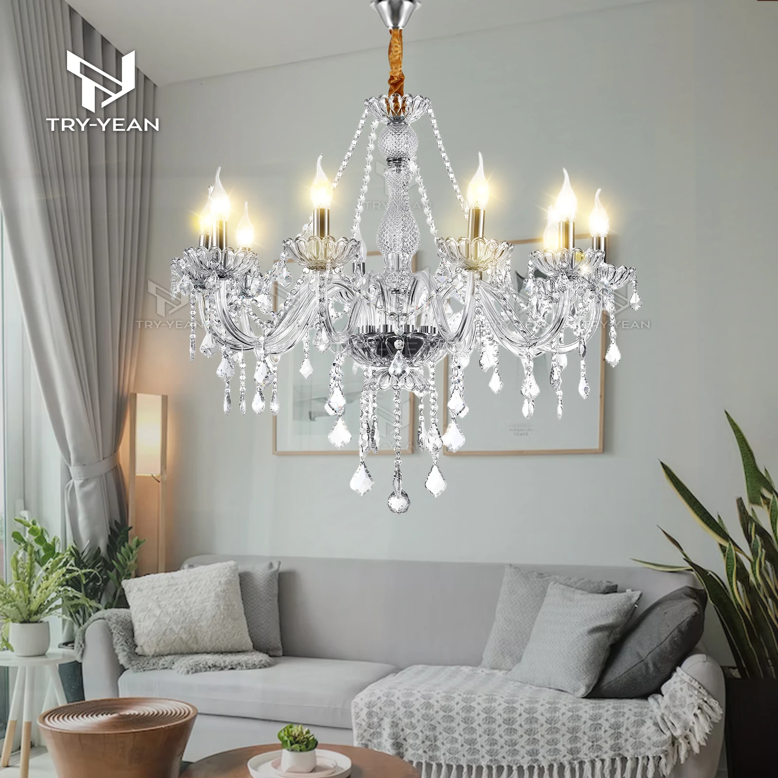 

TRY-YEAN Transparent Crystal Chandelier Modern 10 Arm Pendant Lighting Classic K9 Crystals Chandelier for Bedroom Livingroom E14