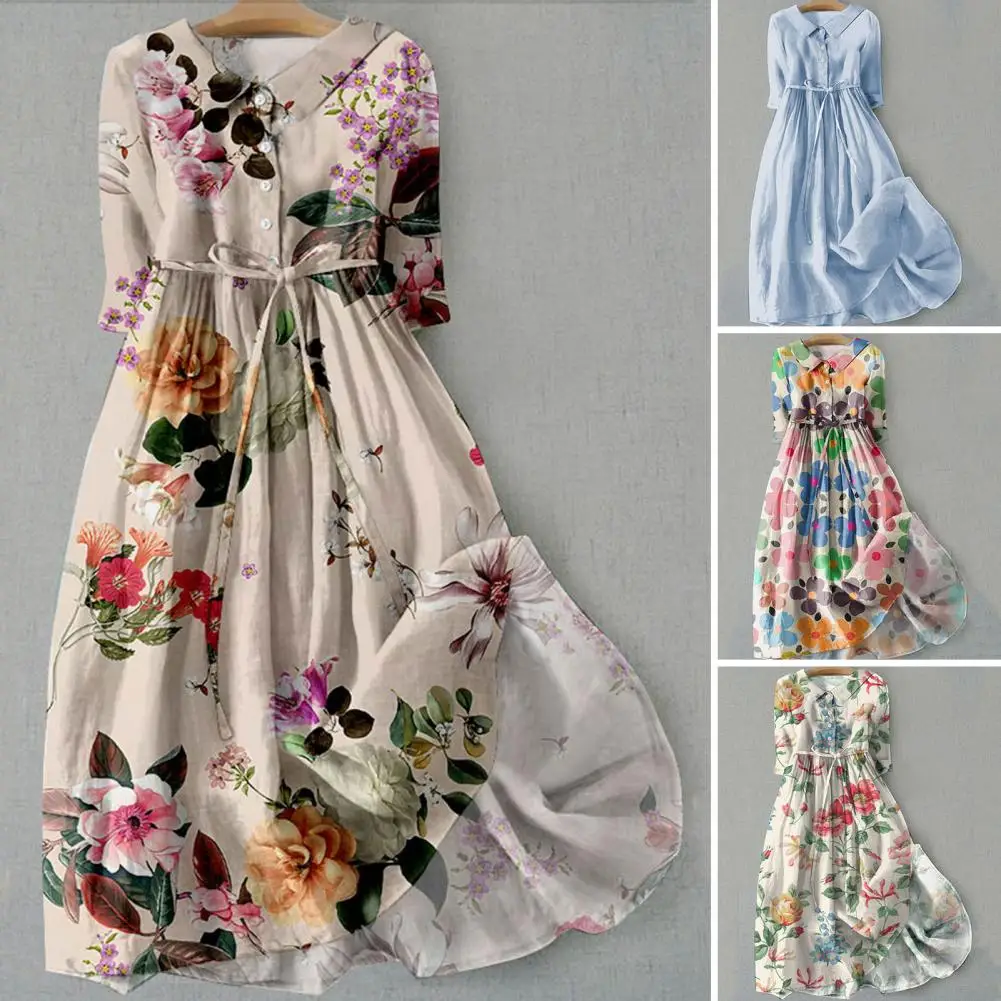 Bohemian Style Dress Bohemian Floral Print Midi Dress with Lace-up Detail V Neck Women's Spring A-line Pleated Dress for High