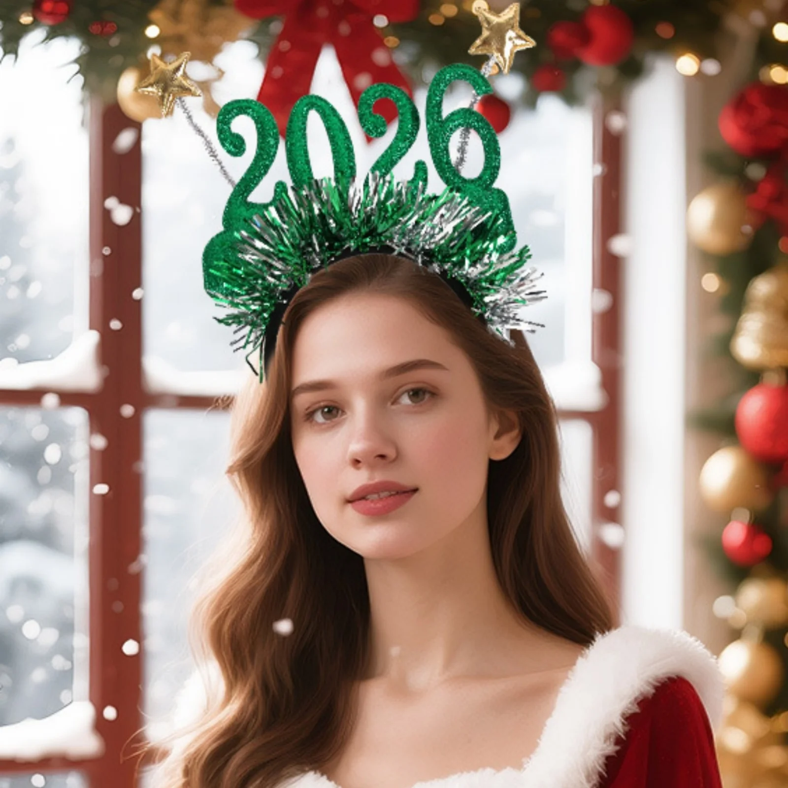 1PCS 2026 New Year Headbands, Glitter Tinsel Star Hair Hoops, NYE Party Favors, Holiday Hair Accessories