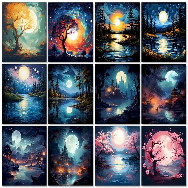 RUOPOTYDiyFramePaintByNumbersForAdultsKitsMoonTreeNight