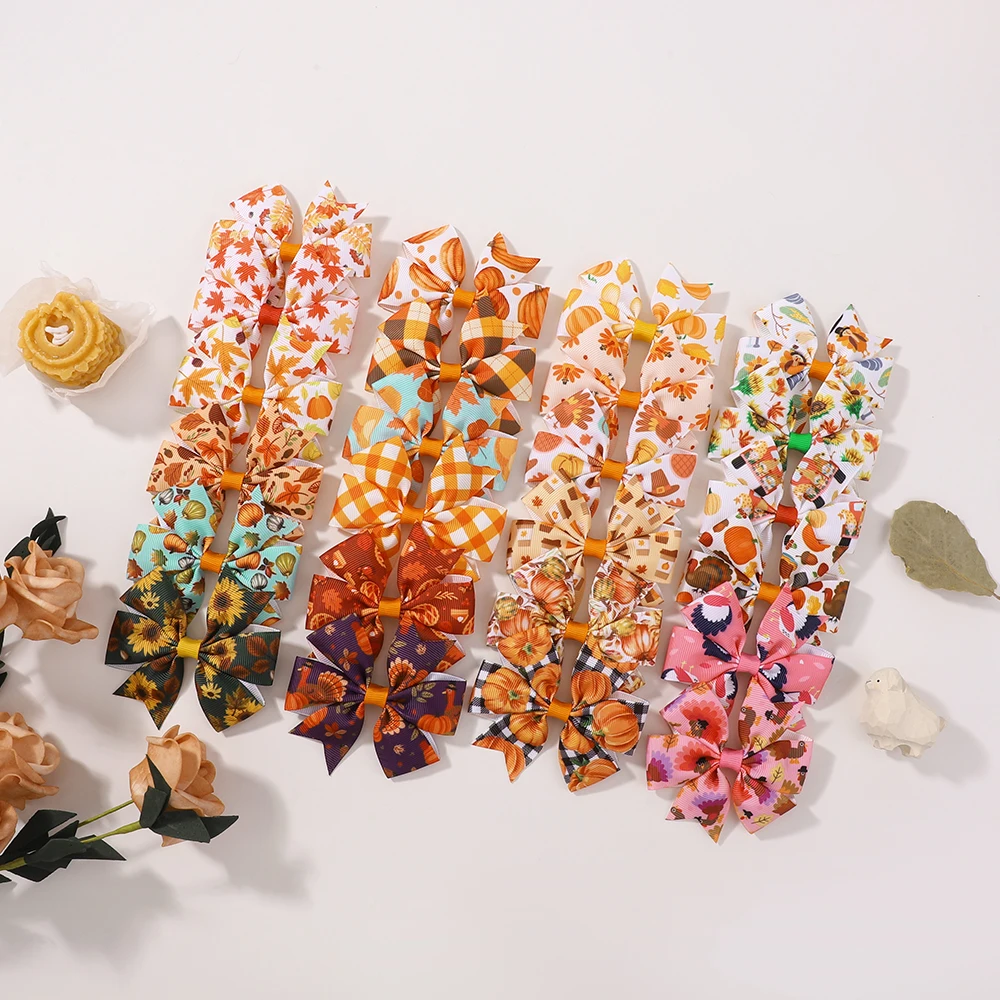 12/24Pcs Thanksgiving Day Bogen Haar Clip Set Für Kinder Mädchen Herbst Gedruckt Band Ahorn Blätter Kürbis Haarnadeln haar Zubehör