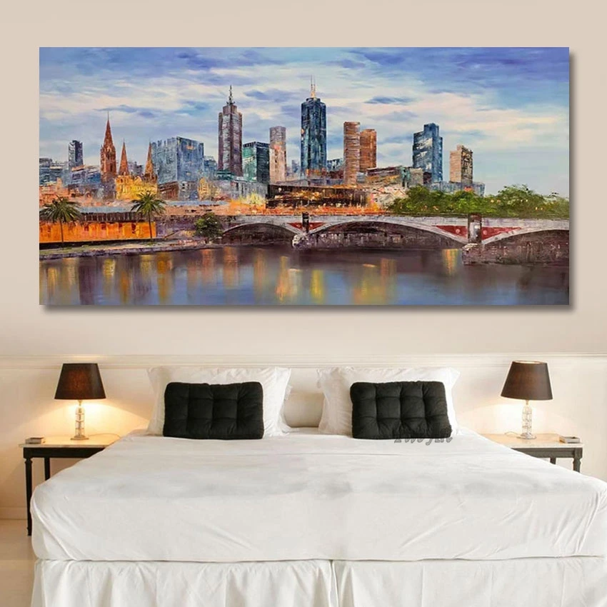 

Handmade Large Canvas Art Pictures for Living Room City Building Beautiful Landscape Painting Home Wall Decor Piece No Framed