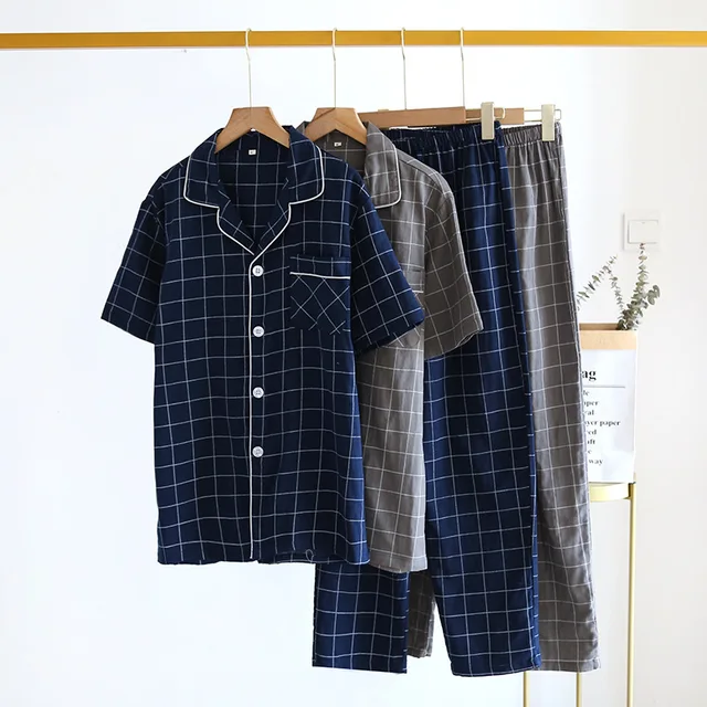 Spring Men’s 2Pcs Household Navy Plaid Pajamas Set Turn-Down Collar Short Sleeved Trousers Simple Style Gauze Cotton Casual Wear