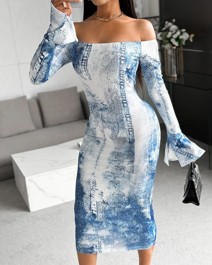 

Women's Dress Spring 2024 Fashion Tie Dye Denim Look Print Off Shoulder Flare Sleeve Dress Sexy Skinny Mid-Calf Dress