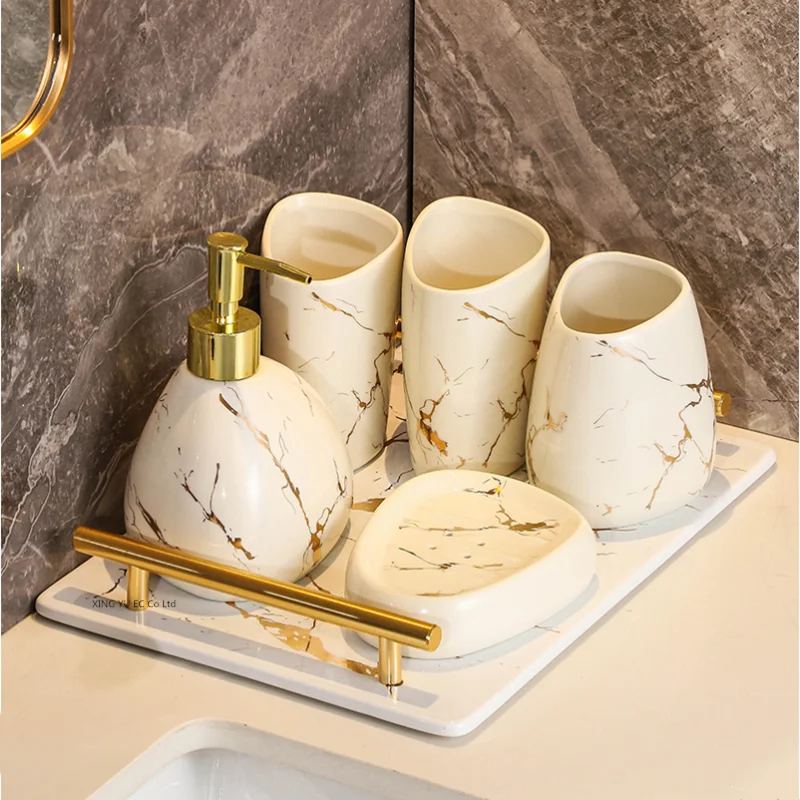 

Bathroom Accessories Set Ceramic Toothpaste Dispenser Bathroom Cup Toothbrush Holder Soap Dish Nordic Platinum Marble Texture