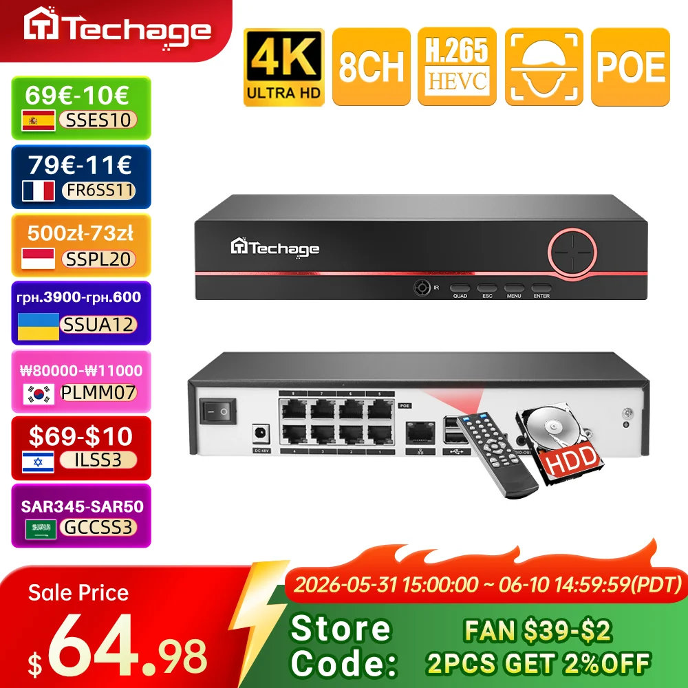 Techage H.265 4K 8CH PoE NVR 2MP 3MP 5MP Network Hard Disk Video Recorder Home Security CCTV Surveillance DVR For PoE IP Camera 1