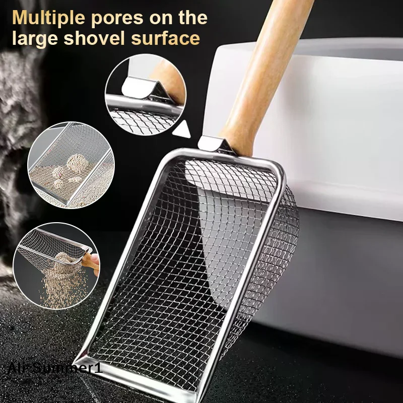 Katzenstreuschaufel mit Holzgriff und Metallkelle mit Haken, tragbar, aus Edelstahl, zum Reinigen der Katzentoilette, Haustierprodukte_voghion.com