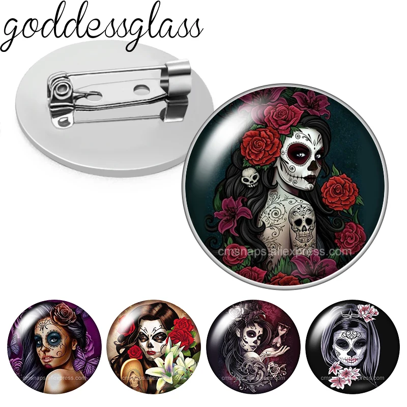 Suger Skull Girl Ross Skull Punk Round Glass Cabochon Spilla Vestiti Collare Per Cappello In Metallo Gioielli Creativi Regalo Distintivo Con Risvolto