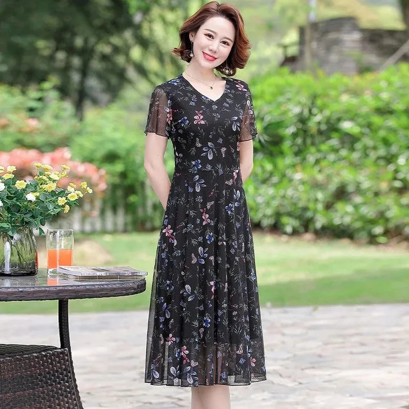 

Stretch Mesh Chiffon Dress Female 2022 Summer New Fashion Floral Dresses Short Sleeve Middle Aged Mother Large Size Long Skirt