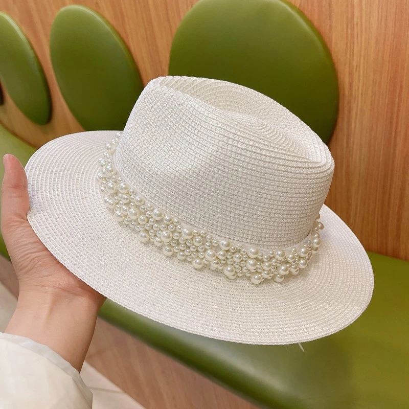 Sombreros de verano para mujer, sombrero blanco sol, decoración de perlas a la moda, informal, Panamá, paja de papel, Fadora|Sombreros de sol para mujer| -