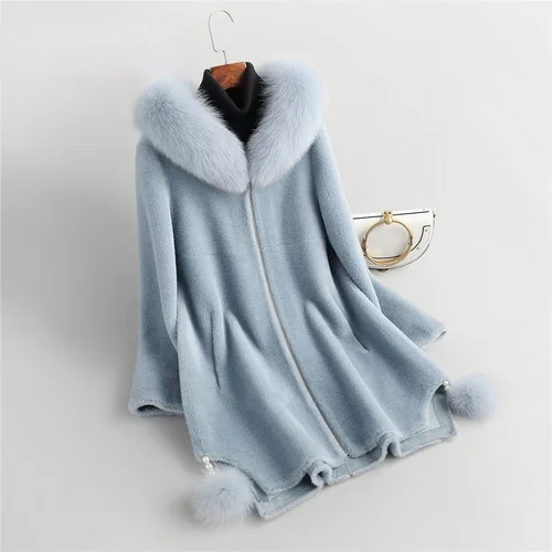 

Autumn Hooded Real Sheep Shearing Coat Female Winter 2023 Fox Fur Collar Jacket Women's Clothing Jaqueta Feminina Gxy661