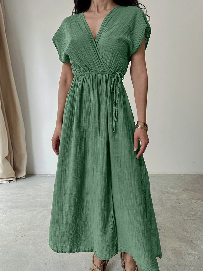 Marthaqiqi Casual Women'S Sleepwear Sexy V-Neck Nightwear Short Sleeve Nightgowns Ankle-Length Dress Summer Home Clothes Ladies