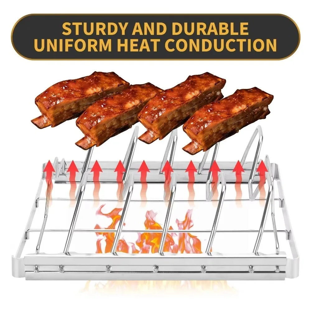 High Quality Stainless Steel Rib Rack Portable Silver Turkey Roasting Rack Folding Barbecue Grill BBQ