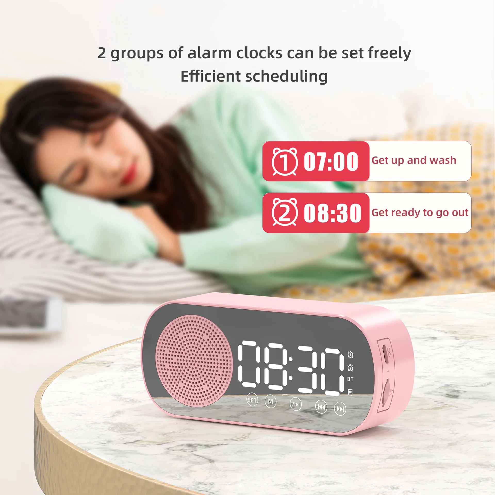 Led Digital Alarm Clock Electronic Radio Bluetooth Speaker Mirror Music