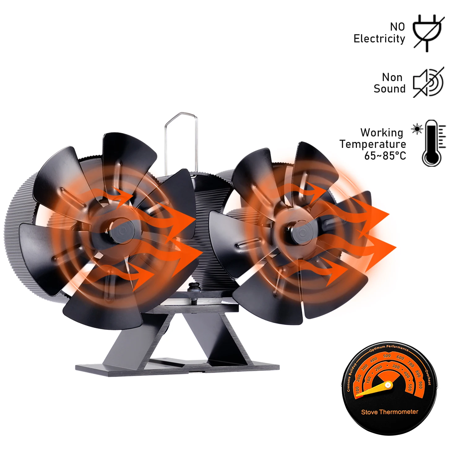 

12 Blades Fireplace Mini Fan Double Head Log Wood Burner Heat Powered Eco Stove Fan Household High-efficiency Heat Silent