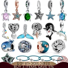 Abalorio de plata de ley 925 serie oceánica de narval, estrella de mar, olas oceánicas y cuentas de pescado, compatible con pulsera Pandora, colgante artesanal, joyería para mujer