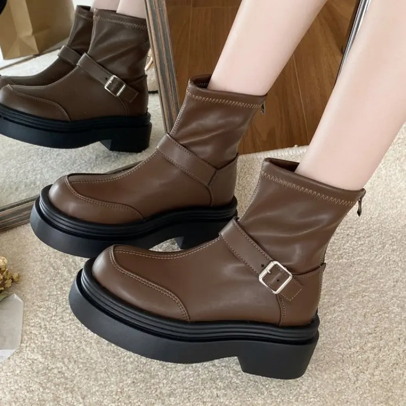Fashion Women Ankle Boots Autumn Winter Back Zipper Slim Stretch Knee High Boots Office Lady Belt Buckle Simple Shoes Woman New