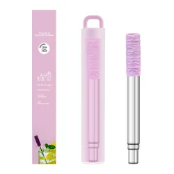 Portable Collapsible Stainless Steel Reusable Straw with Cleaning Brush (Pink)