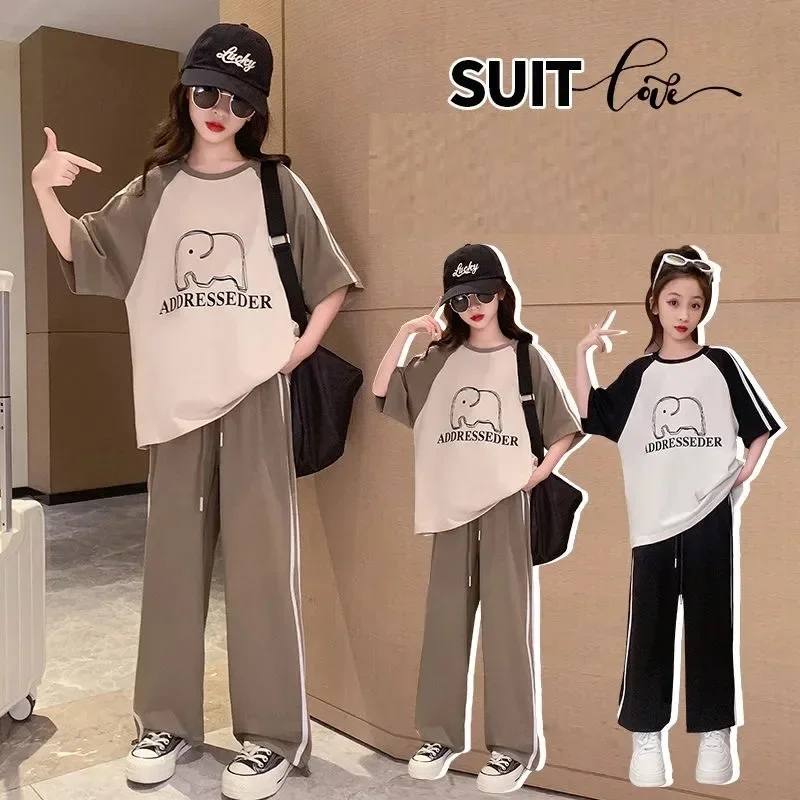 

Summer Girls Cotton Alphabet Elephant t-Shirt Tops+Striped Drawstring Pant Set School Kids Tracksuit Child Jogger Outfit 5-16Yrs