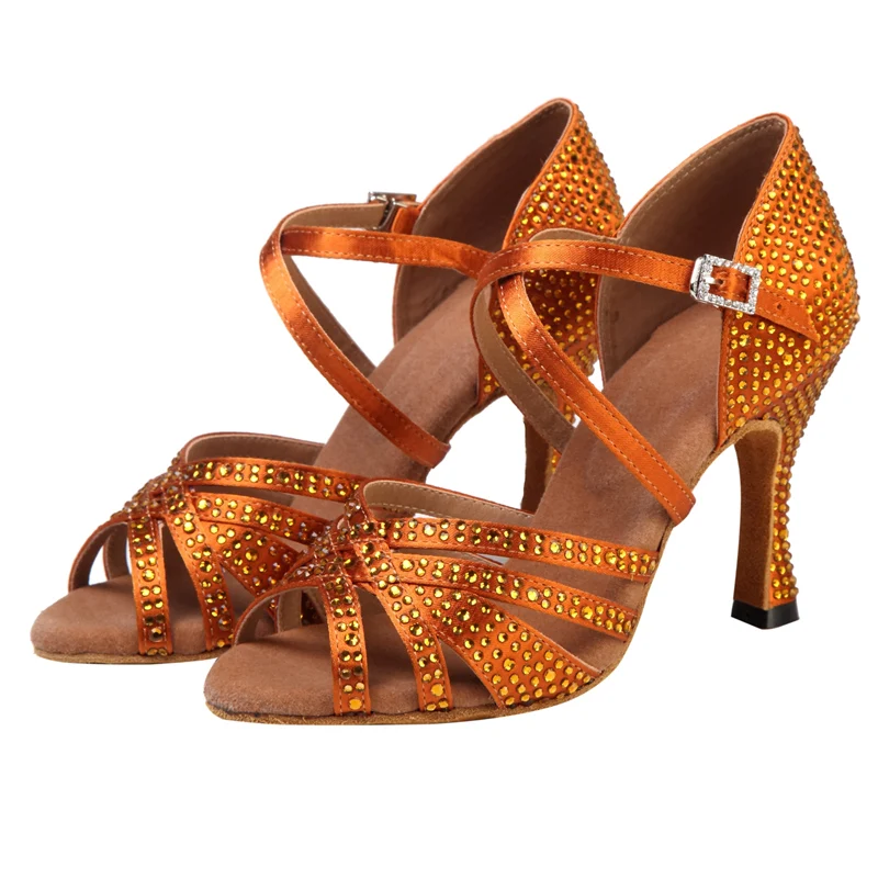 Latin Dance Shoes Women Salsa Tango Ballroom Party Women's Shoes Rhinestones Bronze Girls High Heel Summer Sandals Outdoor