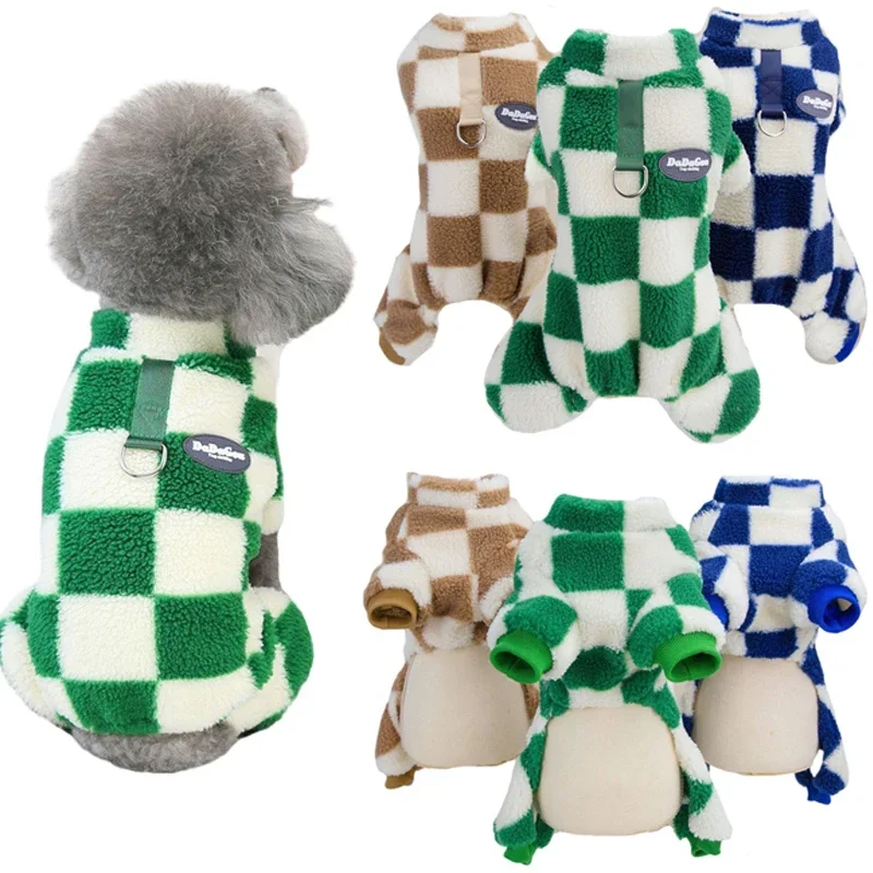 Pet Clothes Winter Warm Coral Fleece Dog Jumpsuit Check Pet Clothes for Small Medium Dog