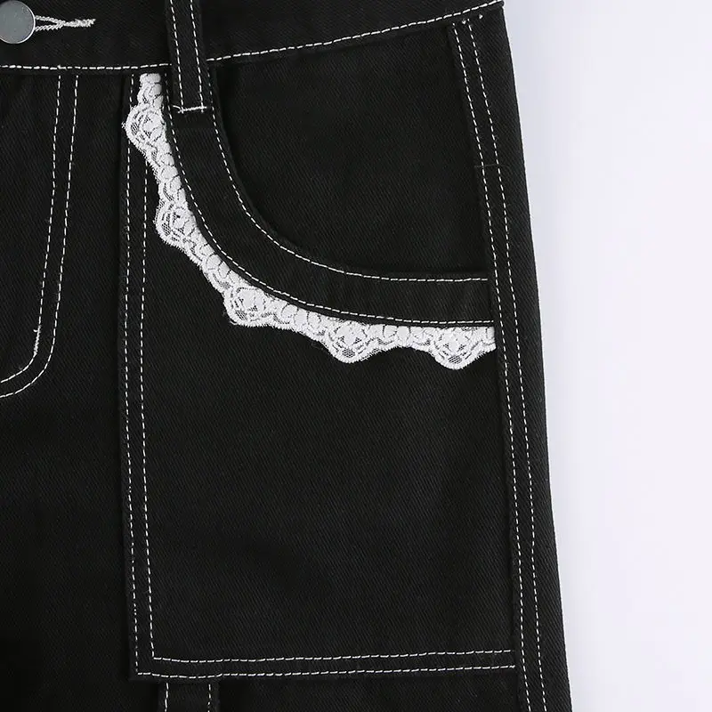 wide leg jeans MINGLIUSILI Lace Splice Baggy Jeans Women Spring 2022 Gothic Flares Pants High Street Fashion Streetwear Black Denim Trousers jeans pant