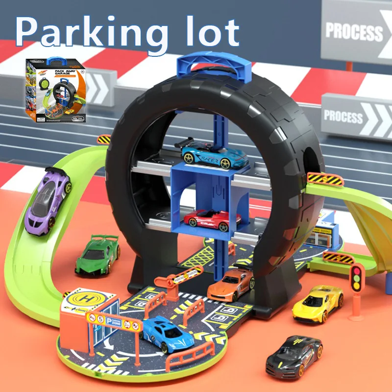 

Children Portable Double Layers Tire Parking Lot Racing Track Toy Alloy Car Model Racing Rail Car Birthday Gifts for Boys