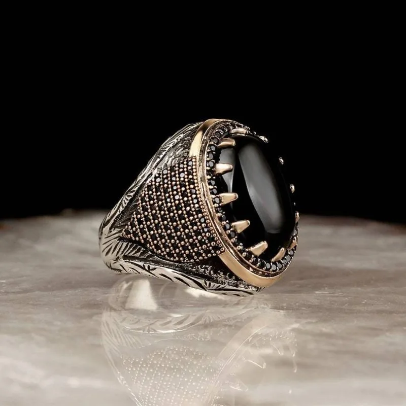 Punk Handmade Turkish Signet Ring For Men Vintage Metal Inlaid Black Stone Jewelry