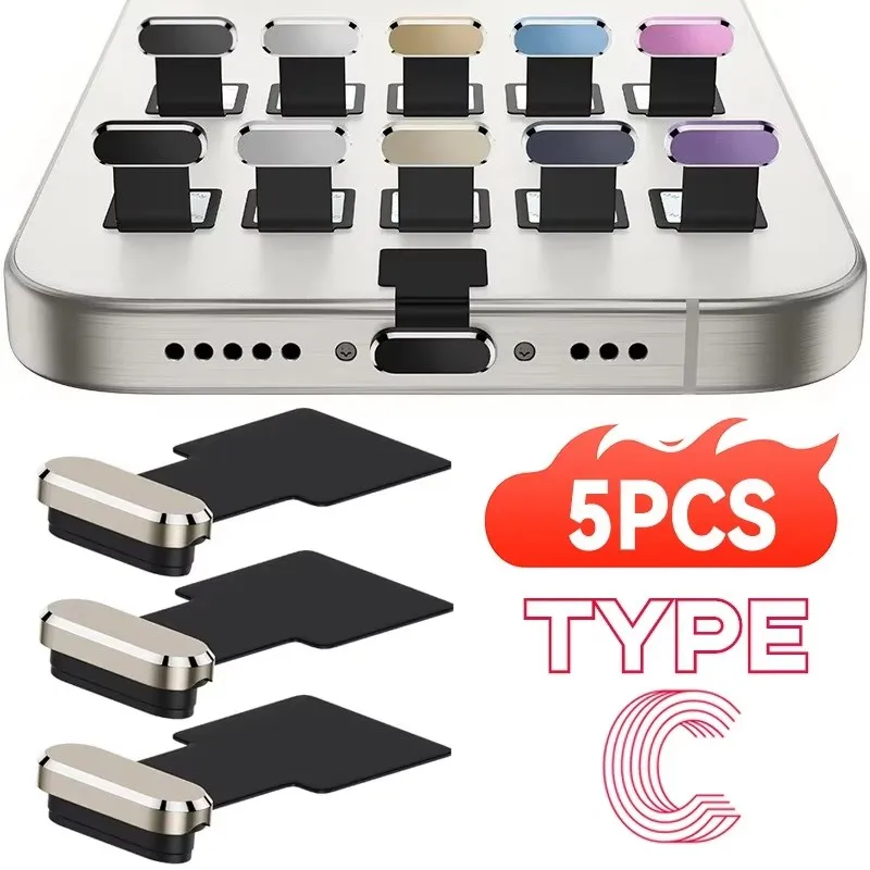 Set of 1/5 Metal Type-C Dust Plugs – Self-Adhesive USB C Charging Port Protectors
